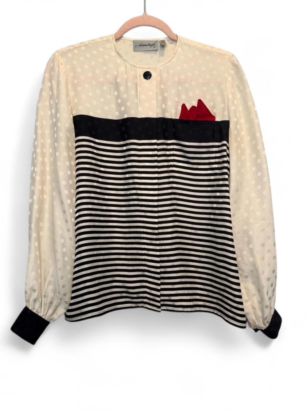 VINTAGE Adrianna Papell 100% Silk Mixed Print Striped Polka Dot Blouse Size 6